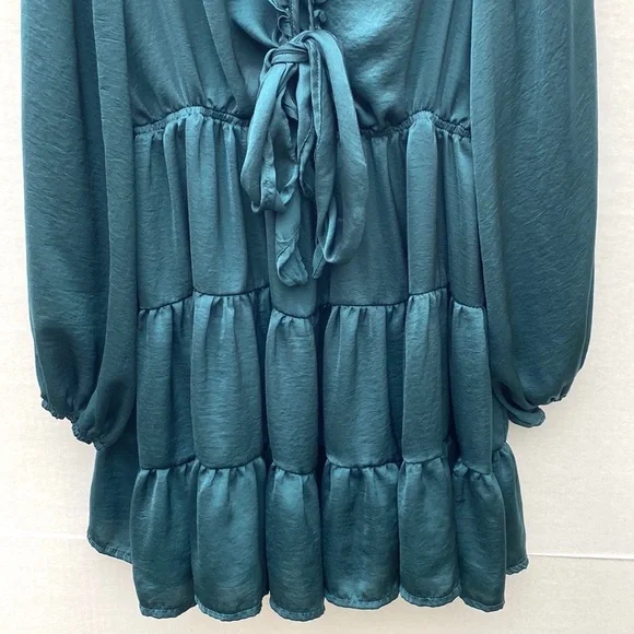 Princess Polly Teal size 10 Randi Satin Tie Front Tiered Fit & Flare Mini Dress - Picture 6 of 9